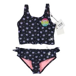 Hurley Girls L Black Floral Bikini Set UPF 50+ Tank Top 2 Piece Swim